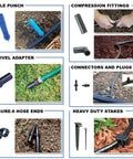 Components of Gravity-Fed Drip Irrigation Kit With Inline Emitters For Rain Barrels and Cisterns shown, including fittings and adapters.