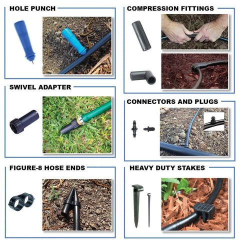 Components of Gravity-Fed Drip Irrigation Kit With Inline Emitters For Rain Barrels and Cisterns shown, including fittings and adapters.