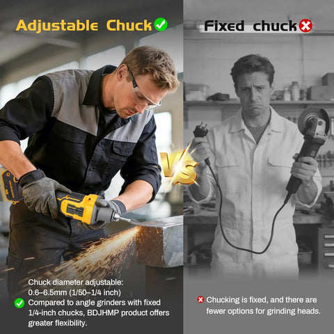 A comparison of adjustable chuck versus fixed chuck for Compatible With 20 Volt Power Batteries This Smooth Operator Cordless Die Grinder.