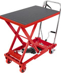 Heavy Duty Hydraulic Lift Table Cart 500 Lb Portable Scissor Platform With Pump, red and black design, shows hydraulic pump and caster wheels.