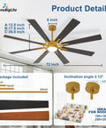 Product details of Monster 72 Inch Ceiling Fan With Lights 8 Dual Finish Blades In Black And Walnut Remote And App Control Dimmable LED Light Reversible Quiet DC Motor 6 Speed Indoor Outdoor Ready with size and packaging information.