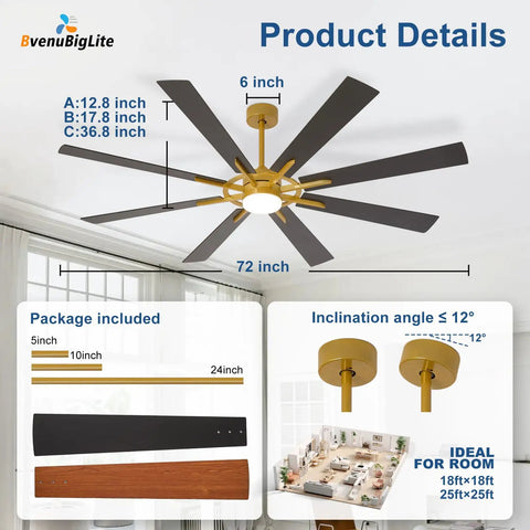 Product details of Monster 72 Inch Ceiling Fan With Lights 8 Dual Finish Blades In Black And Walnut Remote And App Control Dimmable LED Light Reversible Quiet DC Motor 6 Speed Indoor Outdoor Ready with size and packaging information.