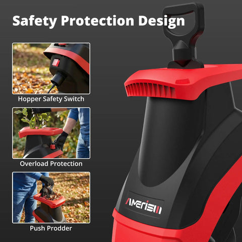 Powerful 15 Amp Electric Wood Chipper Shredder With 4200 RPM, 1.75 Inch Branch Capacity, safety protection features