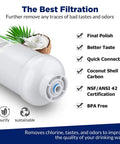 Two Pack 1/4 Inch Quick Connect Refrigerator And Ice Maker Filter Cartridges Post Carbon For Reverse Osmosis Systems Push To Connect Replacement For Clean Safe Drinking Water At Home shown with features and benefits.