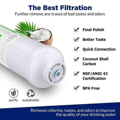Two Pack 1/4 Inch Quick Connect Refrigerator And Ice Maker Filter Cartridges Post Carbon For Reverse Osmosis Systems Push To Connect Replacement For Clean Safe Drinking Water At Home shown with features and benefits.