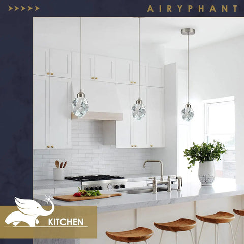 Modern Nickel Crystal Pendant Light Dimmable LED Fixture For Kitchen Island And Dining Room in white kitchen setting
