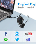 Slick 1080P USB Webcam With Crisp Stereo Mic And Slide Lock Privacy Slider For Dope Video Calls Remote Hustling Live Streaming Plug And Play Top Tier Lens Upgrade connected to a laptop, showcasing plug and play functionality.