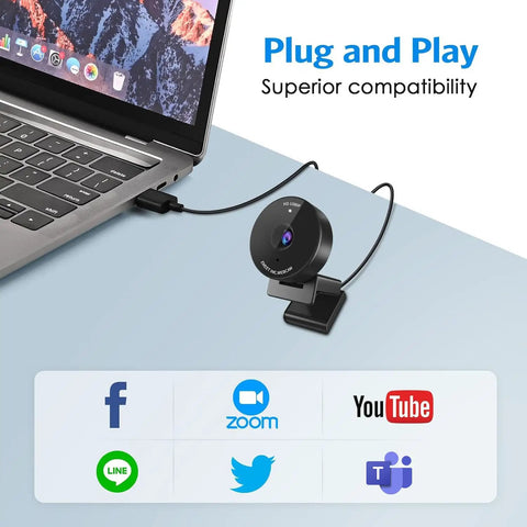 Slick 1080P USB Webcam With Crisp Stereo Mic And Slide Lock Privacy Slider For Dope Video Calls Remote Hustling Live Streaming Plug And Play Top Tier Lens Upgrade connected to a laptop, showcasing plug and play functionality.