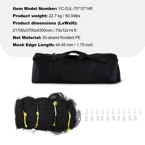 70Ft Heavy Duty Baseball Batting Net For Backyard Practice with carry bag, 30-strand knotted PE mesh, clips shown.