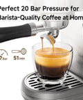 Close-up of Pro Grade Espresso Machine With Milk Frother And Cappuccino Maker brewing espresso into a glass cup