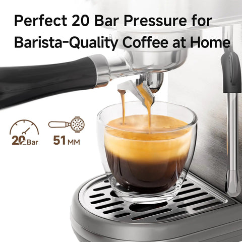 Close-up of Pro Grade Espresso Machine With Milk Frother And Cappuccino Maker brewing espresso into a glass cup
