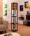 3 In 1 Corner Floor Lamp With Shelves And USB Ports Power Outlet, Navajo Geometric Southwest Print Multicolor Cozy Linen Shade in living room