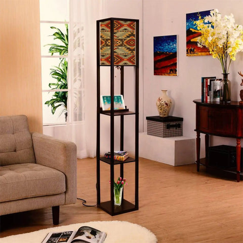 3 In 1 Corner Floor Lamp With Shelves And USB Ports Power Outlet, Navajo Geometric Southwest Print Multicolor Cozy Linen Shade in living room
