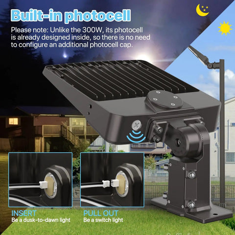 Top Notch 200W LED Parking Lot Light With Built In Photocell close-up showing arm slip fitter mount outdoors