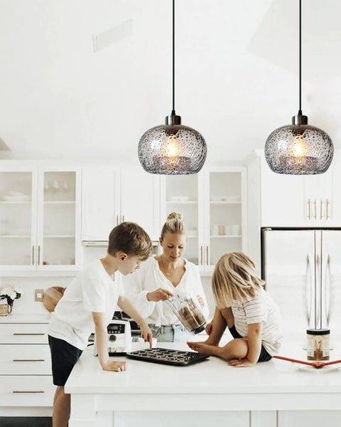 Bottom Line Quality Clear Marble Glass Pendant Lights 2 Pack Hand Blown Globe Hanging Lamp For Kitchen Island in stylish kitchen.