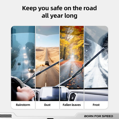 Step Up Your Road Game With These Premium Windshield Wiper Blades For Tesla Model 3 And Model Y Years 2017 Through 2025, showing various weather conditions.
