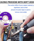 No Clean Soldering Wick Braid Desoldering Kit 8 Pcs, shown in use on PCB with soldering iron, highlighting heat conduction.