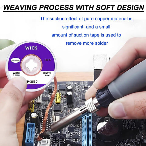 No Clean Soldering Wick Braid Desoldering Kit 8 Pcs, shown in use on PCB with soldering iron, highlighting heat conduction.