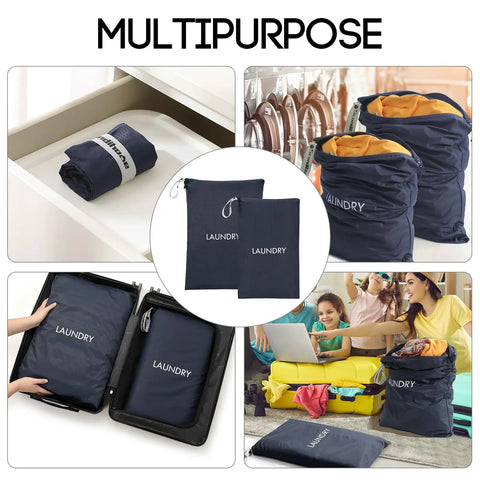 Foldable Waterproof Travel Laundry Bag Set, 2 Piece Large And Small Wet Dry Bags shown in various uses with navy blue material