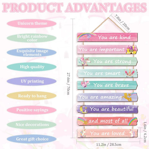 9 Piece Inspirational Unicorn Rainbow Wall Art Set For Girls Bedroom With Wooden Signs And Positive Affirmations You Are Kind You Are Brave You Are Loved Boho Princess Nursery Decor Tween Teen Room Decoration showing dimensions and advantages like unicorn theme and UV printing.