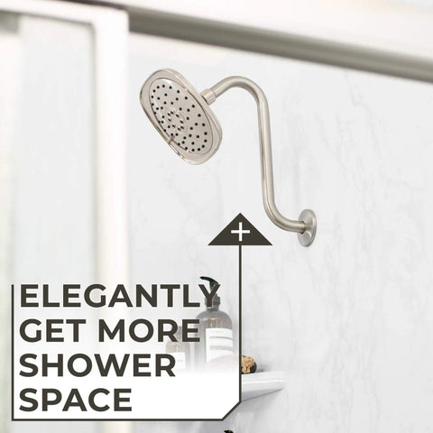 High Rise Shower Head Extension Arm With Flange 10.5 Inch Gooseneck S Shaped Design In Stainless Steel Half Inch Connection Brushed Nickel Finish Great For Tall Folks Or Low Pipe Installations And Immersive Rain Shower Experience installed in a shower