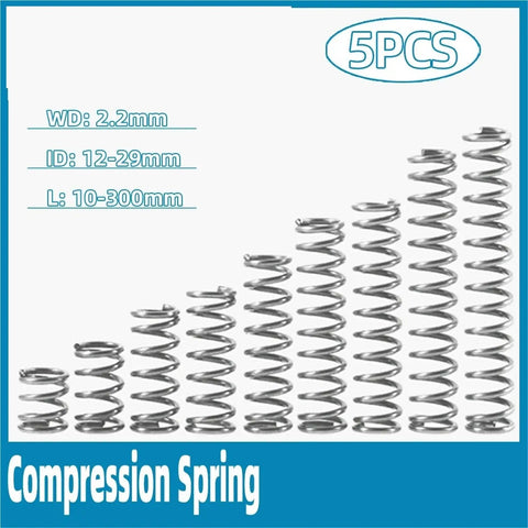 Five Pack Heavy Duty Compression Springs Made From Stainless Steel Wire With 2.2mm Diameter And 21Mm Size Fit For All Kinds Of Durable Home And Industrial Projects That Need Reliable Tension Control Today displayed in varying lengths.