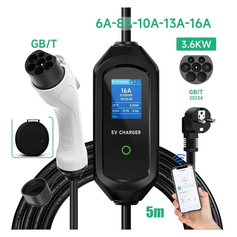 On The Go Portable EV Charger With Type 2 And GBT Plugs Delivers 3.6KW Quick Charge showing 5m cord and WiFi app control.