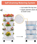 Five Tier Vertical Garden Planter With Wheels Self Watering Stackable Plant Stand For Strawberries Herbs Flowers And Vegetables Space Saving Indoor Patio Garden White