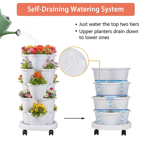 Five Tier Vertical Garden Planter With Wheels Self Watering Stackable Plant Stand For Strawberries Herbs Flowers And Vegetables Space Saving Indoor Patio Garden White