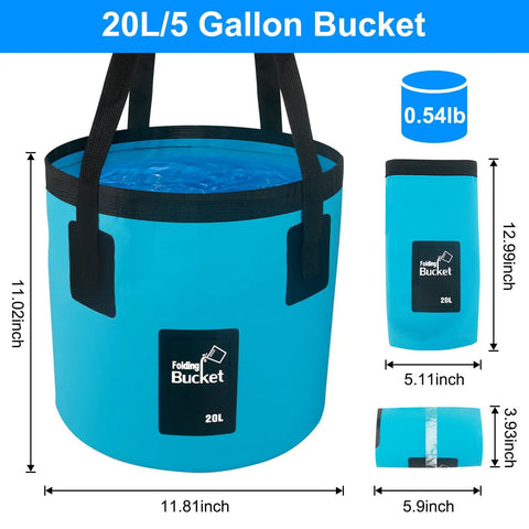 5 Gallon Collapsible Bucket With Handle For Camping Car Wash Beach Gardening RV Laundry And Emergency Prep shown folded and open