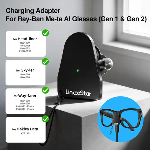 Must Have Charging Adapter For Meta Glasses Gen 1/2 Wayfarer Skyler Headliner HSTN USB C Port LED Indicator 2 Pack Portable Charger Connector For Meta Glasses Accessories displayed with labeled compatibility chart and glasses image