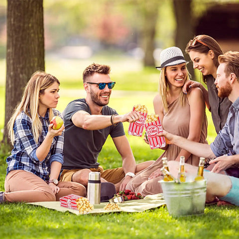 Group enjoying outdoor picnic with 100 Pack 1 Oz Popcorn Bags For Popcorn Machines And Movie Nights, Food Grade Paper Bags For Individual Servings.