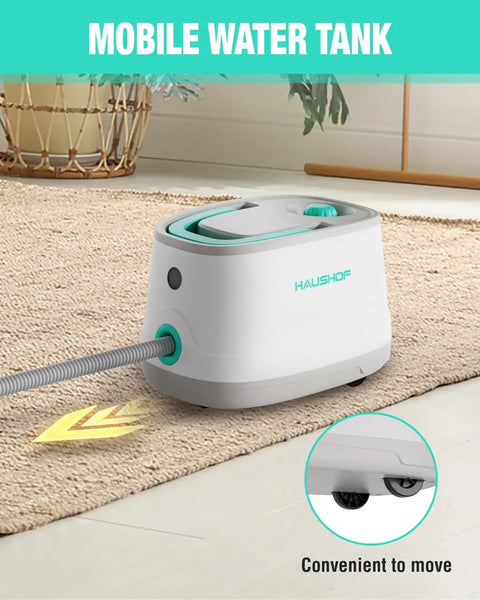 Heavy Duty 1500W Steam Cleaner With 4 Bar Pressure And 1.5L Tank Plus 16 Accessories Water tank with wheels for easy movement.