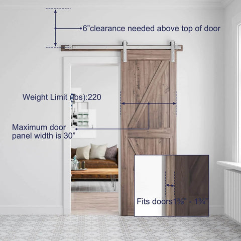 Brushed Nickel Barn Door Hardware Kit With Heavy Duty Sliding Track And Quiet Glide For 30 Inch Wide Door, 5 Feet Rail