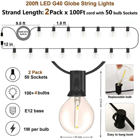 Outdoor String Lights 200 Feet Waterproof LED Edison G40 Bulbs Shatterproof 100 And 4 Spare Bulbs Two Pack for Patio Garden Backyard Gazebo Cafe Party Decor Weatherproof