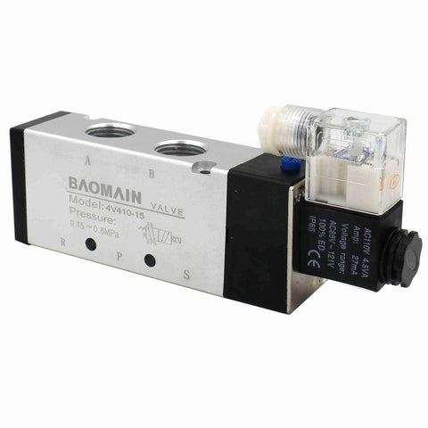 Industrial Pneumatic Solenoid Valve 4V410-15 With AC 110V Control, shown with ports for air inlet and exhaust.