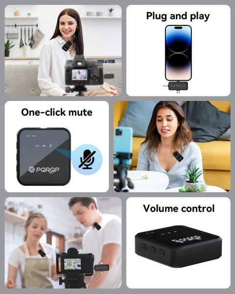 Collage of 3 in 1 Wireless Lavalier Microphone Clip-On for iPhone Android and Camera, Noise Cancelling Tech for TikTok YouTube Vlogs.