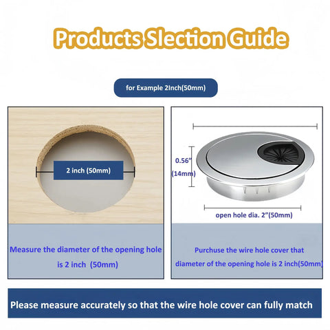 Diagram of 3 Pack Satin Nickel Metal Cable Grommets For Desk And Office Wire Management, showing fit for 2 inch holes (50mm).