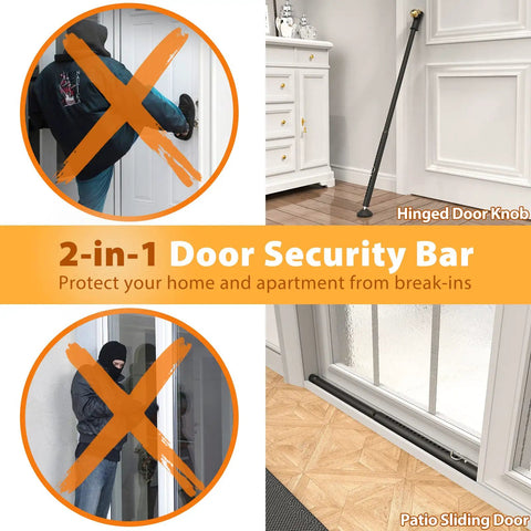 2 Pack 2-In-1 Door Security Bar For Hinged And Sliding Glass Doors, Heavy-Duty Steel Jammer with illustrations preventing break-ins