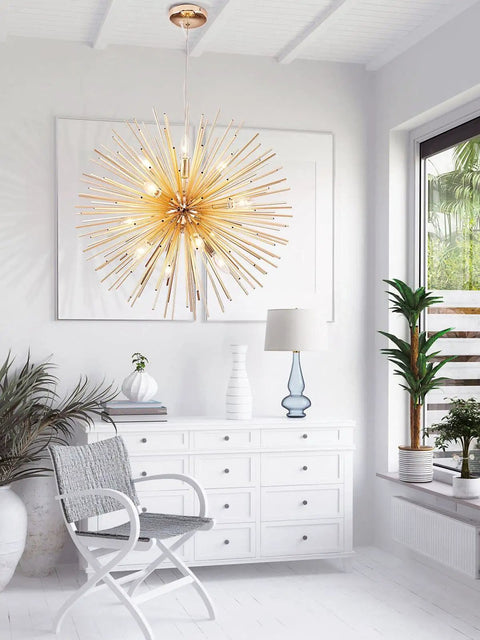 Dope Gold Sputnik Chandelier Light Fixture With 12 E12 Holders, Modern Aluminum Firework Style Pendant in bright white room