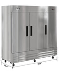 Built To Last Straight Up Heavy Duty Three Door Stainless Steel Commercial Reach In Refrigerator 72 Cubic Feet, front view with dimensions.