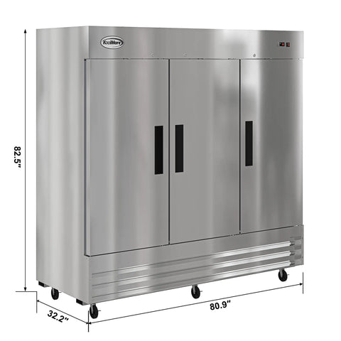 Built To Last Straight Up Heavy Duty Three Door Stainless Steel Commercial Reach In Refrigerator 72 Cubic Feet, front view with dimensions.