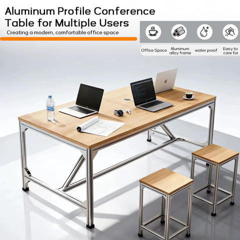 Badass Rock Solid Heavy Duty Aluminum Work Table With Thick Wood Top And Tough Utility Workbench For Garage Workshop Kitchen Prep And Commercial Packing Rack, designed for multiple users with aluminum frame and wooden surface.