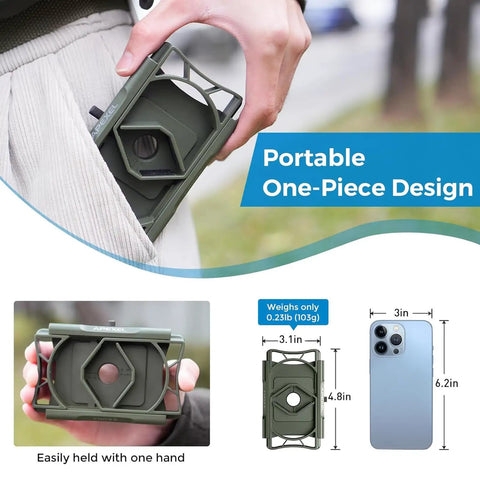 Universal Phone Digiscoping Adapter For Telescope And Spotting Scope shown in hand and pocket, emphasizing compact size.