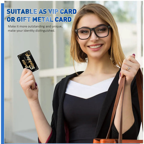 Woman holding a custom black card from 300 Piece Aluminum Engraving Blanks Set For DIY Cards And Projects, Multipurpose Blanks for CNC Engravers.
