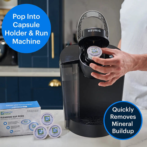 Person inserting Keurig Descaling Solution Cleaning Pods 10 Pack for Keurig Coffee Makers into single-serve brewer