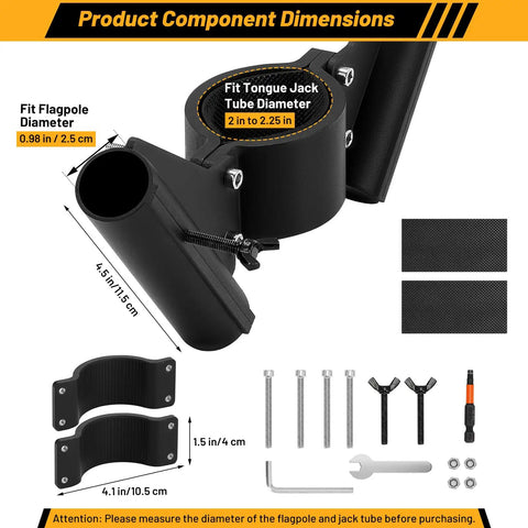Heavy Duty RV Flag Pole Mount For Travel Trailer Tongue Jack Clamps On Without Drilling Dual Pole Holder dimensions diagram