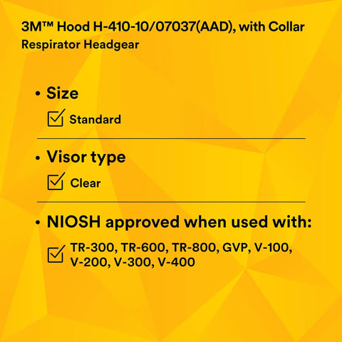 3M Hood H-410-10/07037 with collar, standard size, clear visor, NIOSH approved for TR-300, TR-600, TR-800, GVP, V-100, V-200, V-300, V-400
