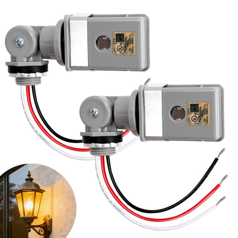 Two Pack Photocell Sensor For Outdoor Lights Dusk To Dawn Photoelectric Switch 120VAC 50 To 60 Hz Swivel Mount Weatherproof IP54 For Backyard Barns And All Outdoor Lighting, two sensors with wires