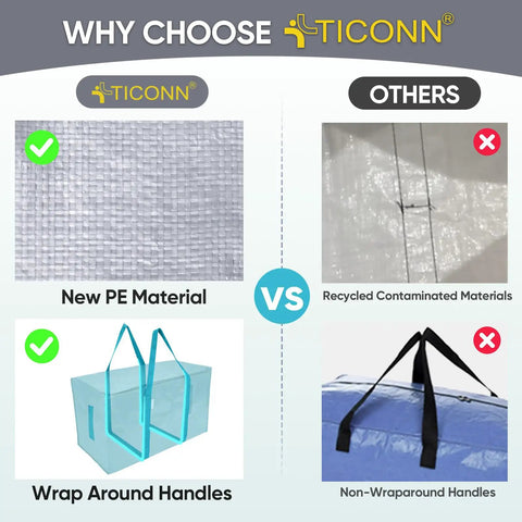 Comparison of TICONN's Extra Large Moving Bags With Zippers And Handles Heavy Duty Waterproof Storage Bags For Closet Organization 27x14x15 Inches 24 Gallon 120 Lb Load 4 Pack highlighting new PE material and wrap around handles over others